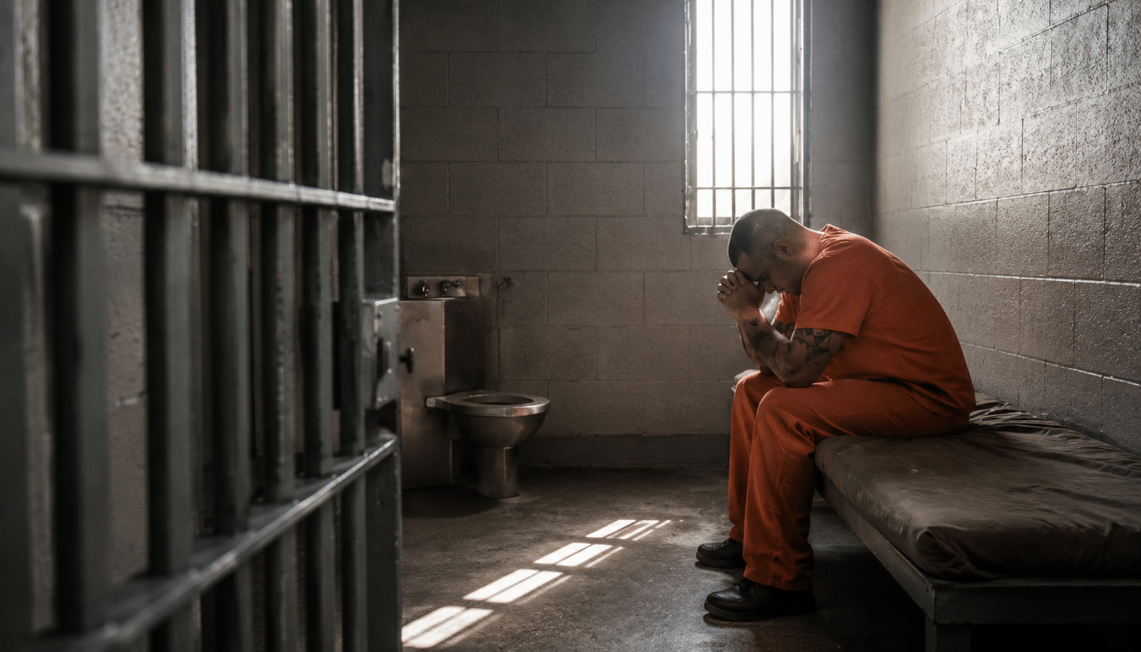 Inmate sitting alone on a prison bed in a dim cell with bars, concrete walls, and light coming through a narrow window.