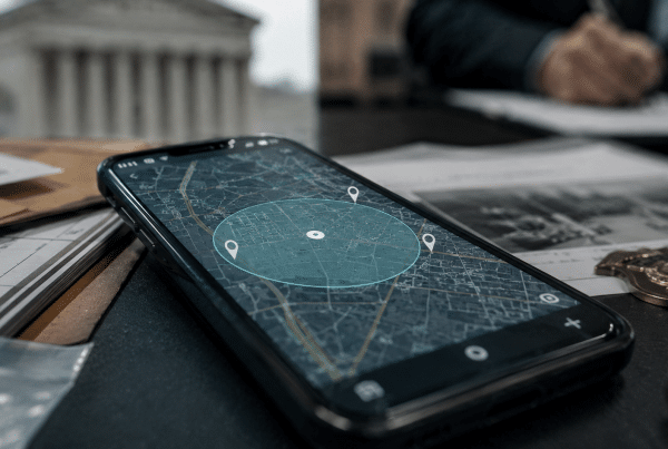 Smartphone showing a geofence map on a legal desk with case files, a badge, and a blurred courthouse in the background.