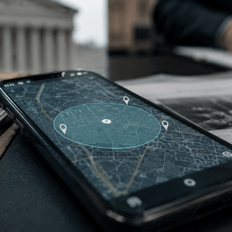 Smartphone showing a geofence map on a legal desk with case files, a badge, and a blurred courthouse in the background.