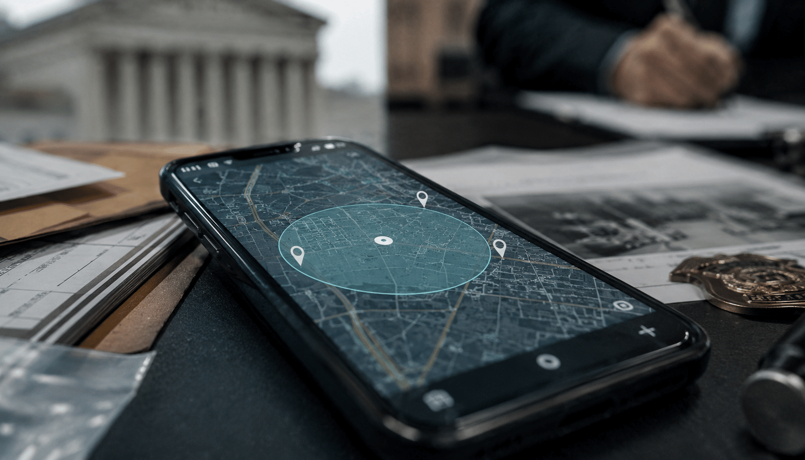 Smartphone showing a geofence map on a legal desk with case files, a badge, and a blurred courthouse in the background.