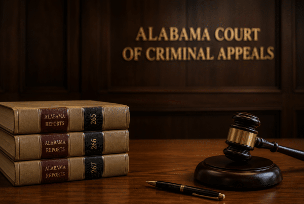 Alabama legal books, gavel, and pen on a courtroom desk with blurred Court of Criminal Appeals signage in the background.