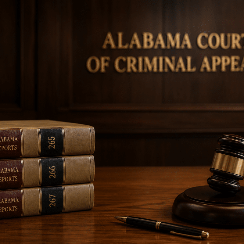 Alabama legal books, gavel, and pen on a courtroom desk with blurred Court of Criminal Appeals signage in the background.