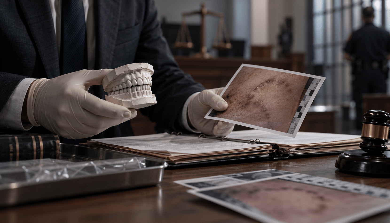Gloved hands holding dental molds and a bite mark evidence photo over legal case files in a courtroom setting.