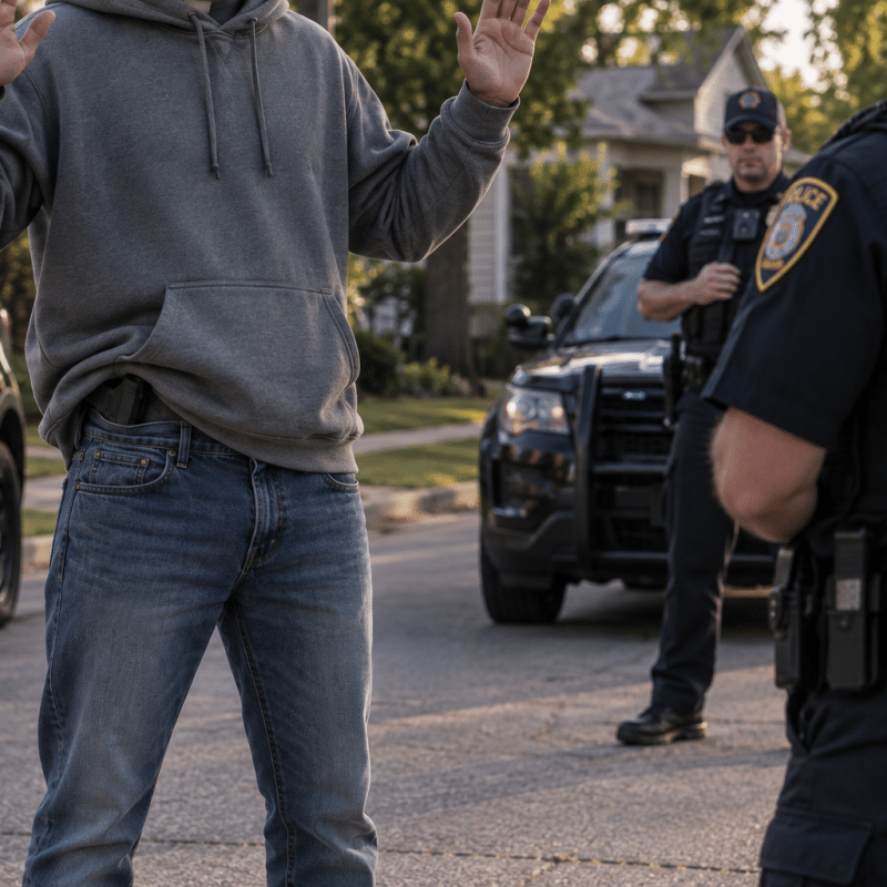Man in a hoodie with hands raised during a police stop, with a concealed handgun visible at his waistband and patrol vehicles nearby.